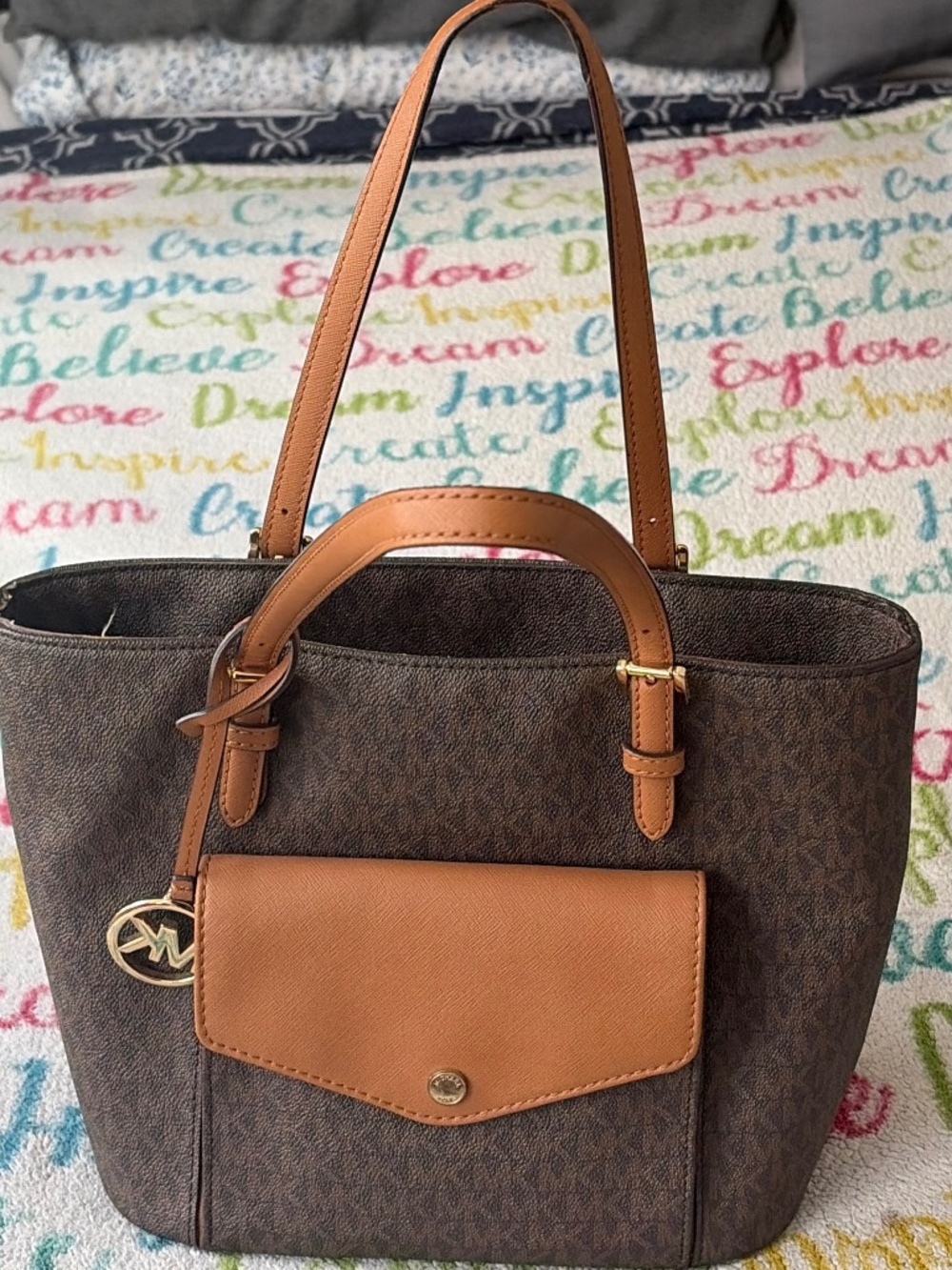 Michael Kors Black Structured Tote with Brown Leather Handles and Gold MK Charm
